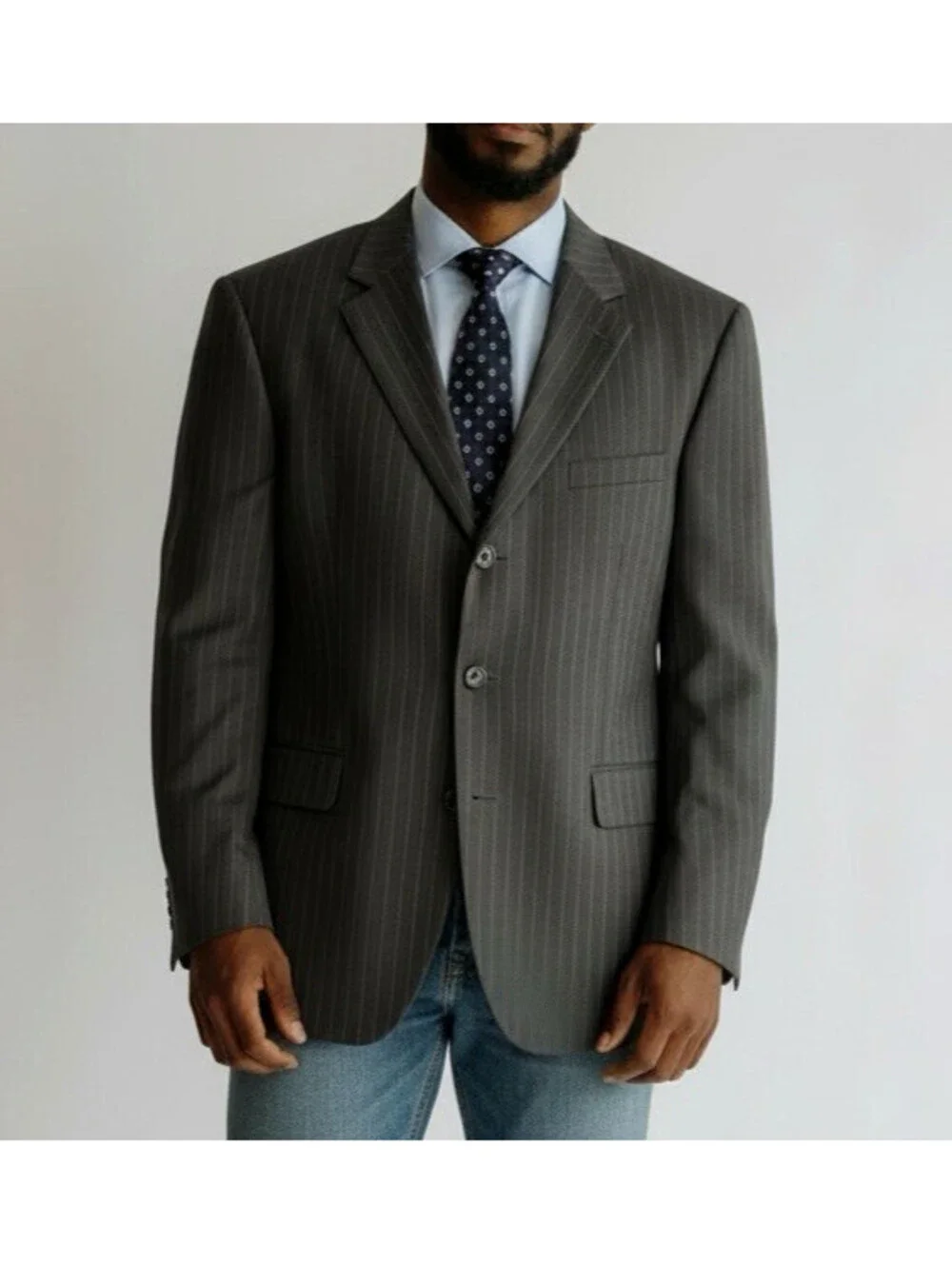 Andrew Fezza Size 48R Black 100% Worsted Wool Pinstripe Blazer Suit Coat